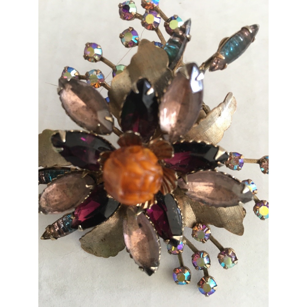 Vintage Rhinestone Cluster Brooch Pin Aurora Borealis Fall Colors